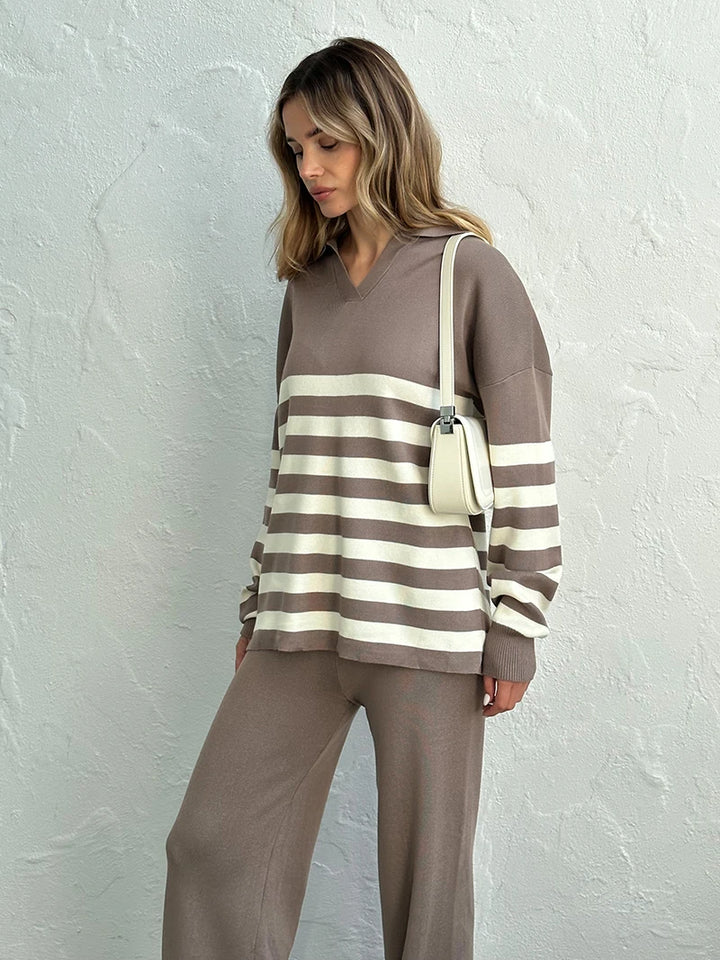 Casual Knit Tracksuit Women Two Piece Set 2 Piece Striped Sweater Matching Sets Loungewear Knitted Two Piece Sets For Women 2024