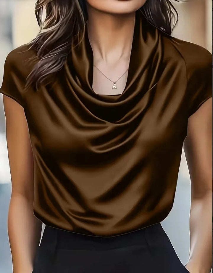 Women Cowl Neck Short Sleeve Satin Blouse Elegant Slim Fit Office Top for Work Evening Party