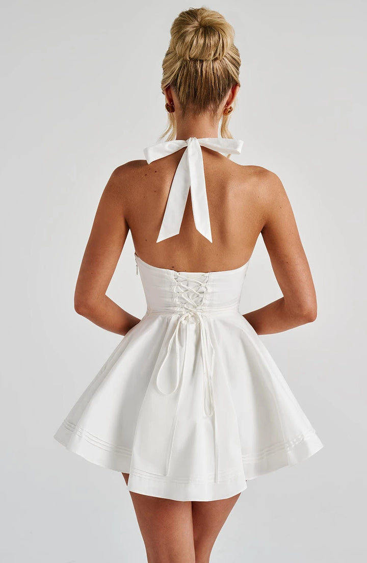 White Halter Women Mini Dress Deep V Neck Front Bow Corset Waist Flared A Line Dresses Wedding Rehearsal Cocktail Party Outfit