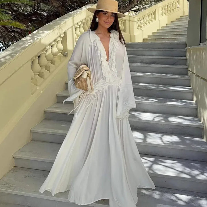 Elegant White Ruffles Maxi Dresses Women Fashion Loose V-Neck Lace-Up Long Robes Female Casual Vacation Birthday Party Vestidos