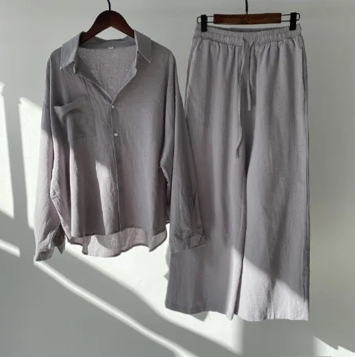 Women Linen 2 Piece Outfit Set Lapel Long Sleeve Button Down Shirt Elastic Waist Wide Leg Pants Casual Loose Matching Suit Vacat