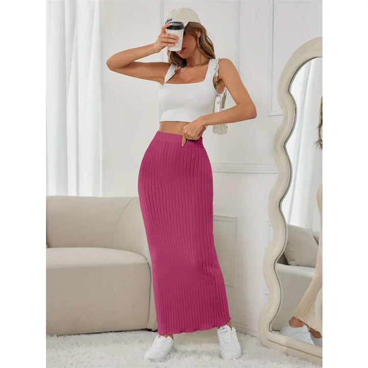 Women Elastic Waist Ribbed Midi Skirt Fashion Casual High Waist Bodycon Long Skirt
