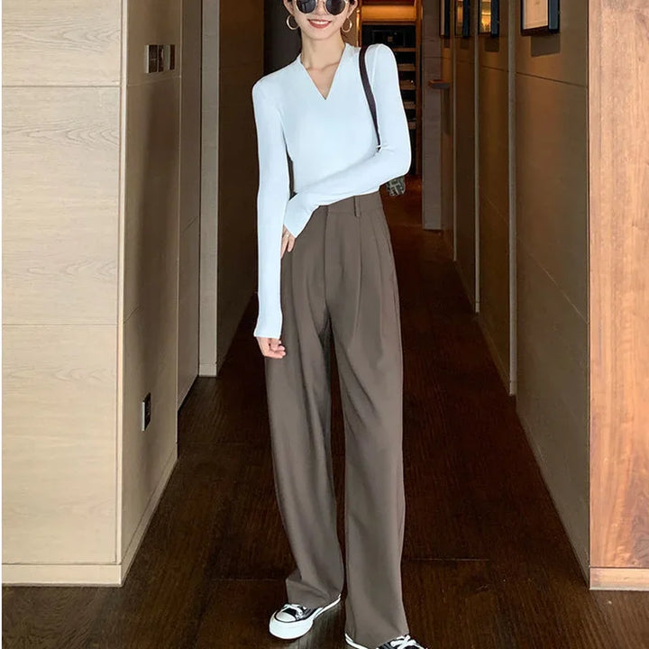 Straight Leg Brown with Pockets Trousers for Woman Black High Waist Tailoring Office Clothing Work Women&