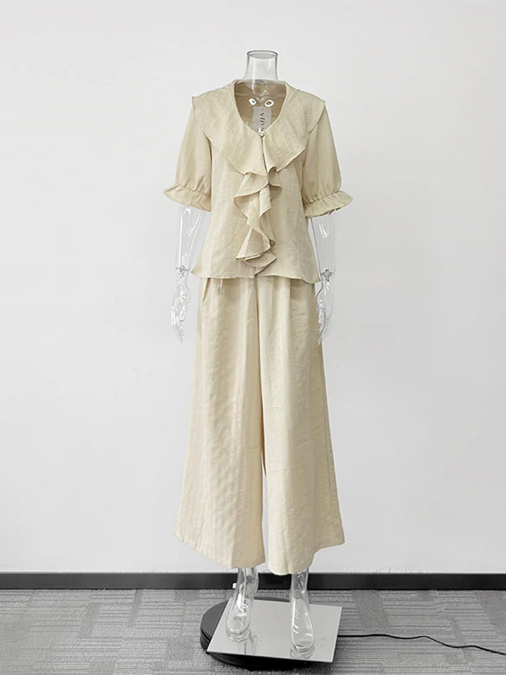 Women Linen Pajama 2 Piece Set Short Sleeve Front Ruffle Shirt PJs Pants Lounge Cute Sleepwear Casual Homewear Set