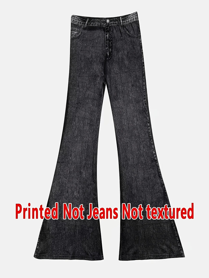 Women Faux Denim Print Flare Pants High Waist Stretch Bootcut Leggings Fake Jeans Bell Bottom Long Trousers