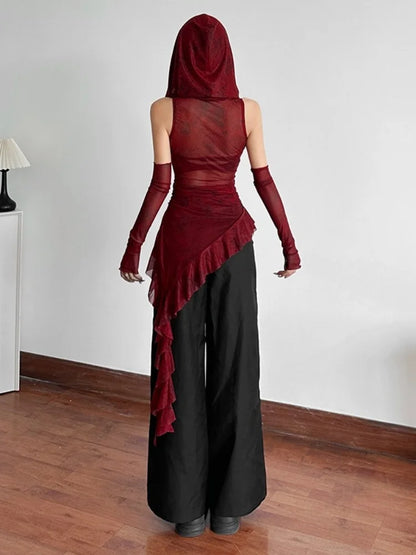 Hooded T Shirts For Women Streetwear See Through Mesh Y2k Tops Sleeve Cover Grunge Clothes Ruffles Ropa Mujer Gothic Camisetas