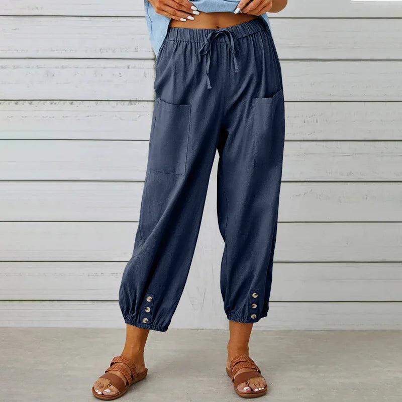 Women Cotton Linen Pants 2025 Autumn Solid Color Elastic Waist Loose Straight Trousers Female Harajuku High Waist Wide Leg Pants