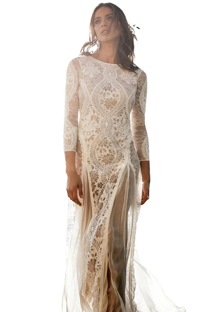 White Lace Maxi Dress Women Long Sleeve Hollow Out Backless Elegant Party Wedding Evening Gown Robe Female Clothing