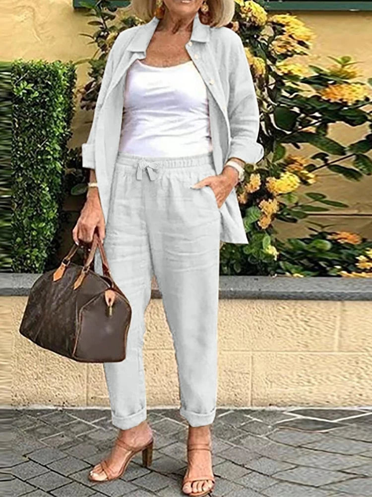 Cotton Linen Set Women Spring Summer Loose Oversize Long Sleeve Shirt Long Pants 2 Piece Sets Casual Office Ladies Trousers Suit