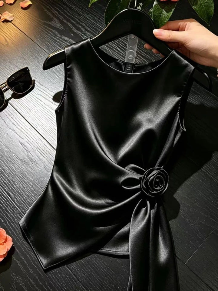 Elegant Chic Satin Tanks Women Slim O Neck 3D Floral Fashion Sexy Tanks Summer Casual Lady Sweet Solid Design Ins Sleeveless Top