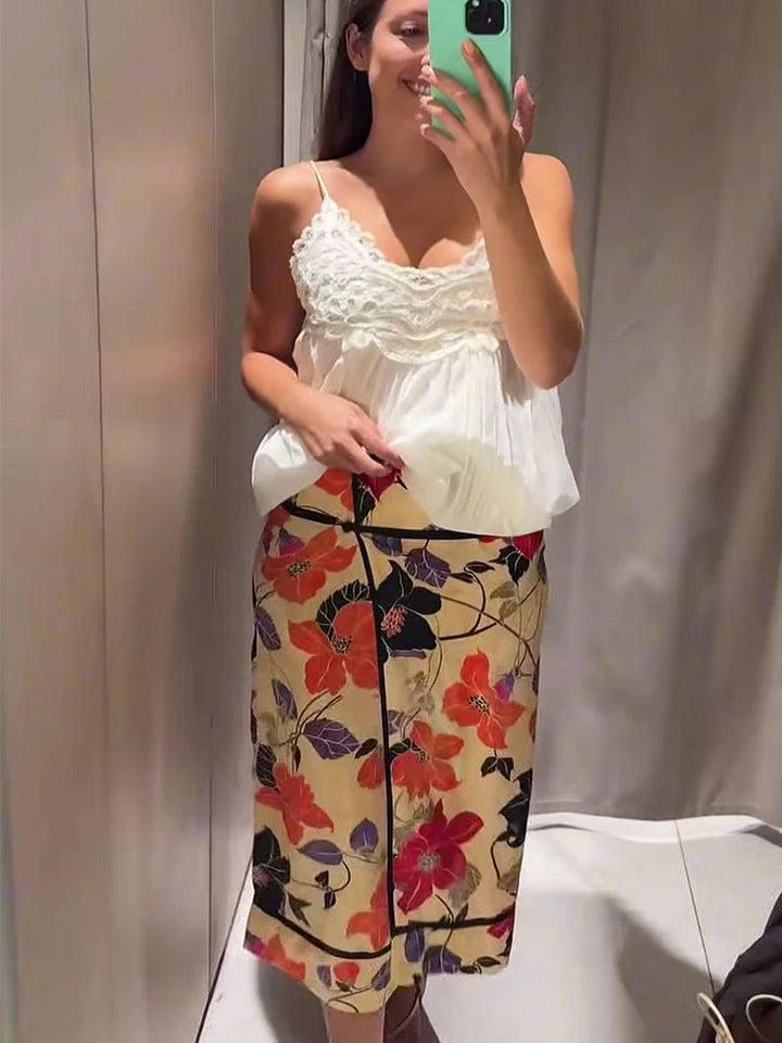 Elegant Satin Print Midi Skirt For Women High Waist Split Straight Skirt 2026 Summer New Chic Slim Fit Leisure Female Streetwear