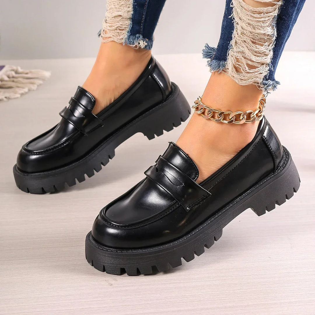 Casual Platform Loafers Woman 2025 British Style Black Brown PU Leather Shoes for Women Comfort Slip On Flats Plus Size