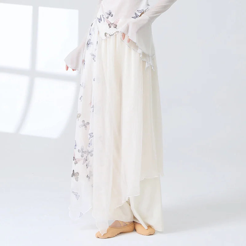 Women 2 Layers Dance Trousers Gauze Print Chiffon Culottes Flowy Skirt Pant Loose Wide Leg Modern Hanfu Elegant Practice Clothes