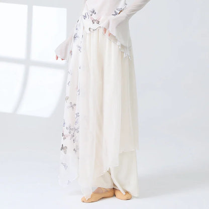 Women 2 Layers Dance Trousers Gauze Print Chiffon Culottes Flowy Skirt Pant Loose Wide Leg Modern Hanfu Elegant Practice Clothes