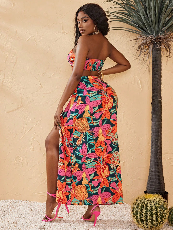 Fashionable Printed Crop Top And Long Split Skirt Two-Piece Set European And American Cross-Border Style Women&