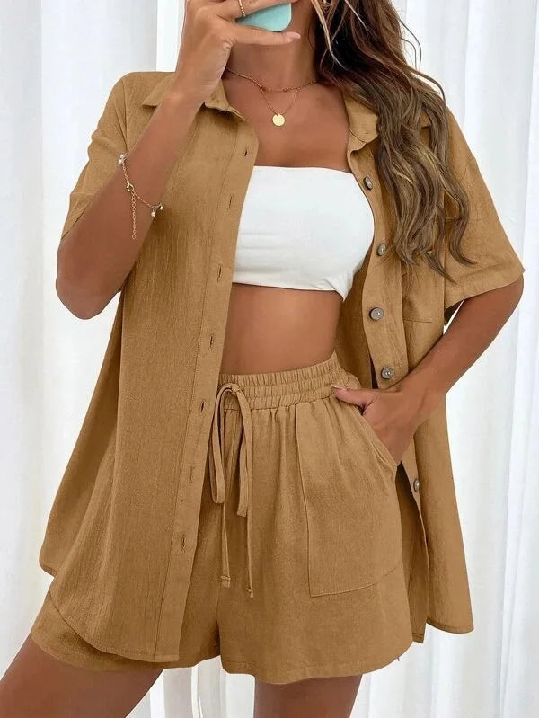 Fashion Women Shirt + Shorts Two Piece Set Solid Color Shirt Suit 2025 New Casual Loose Short Sleeve Single Breasted Women&