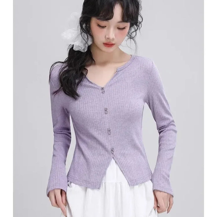 V-neck Long-sleeved Sweater for Women in 2025 Spring and Autumn New Style Slit Hem to Make Them Look Slim and Chic Top