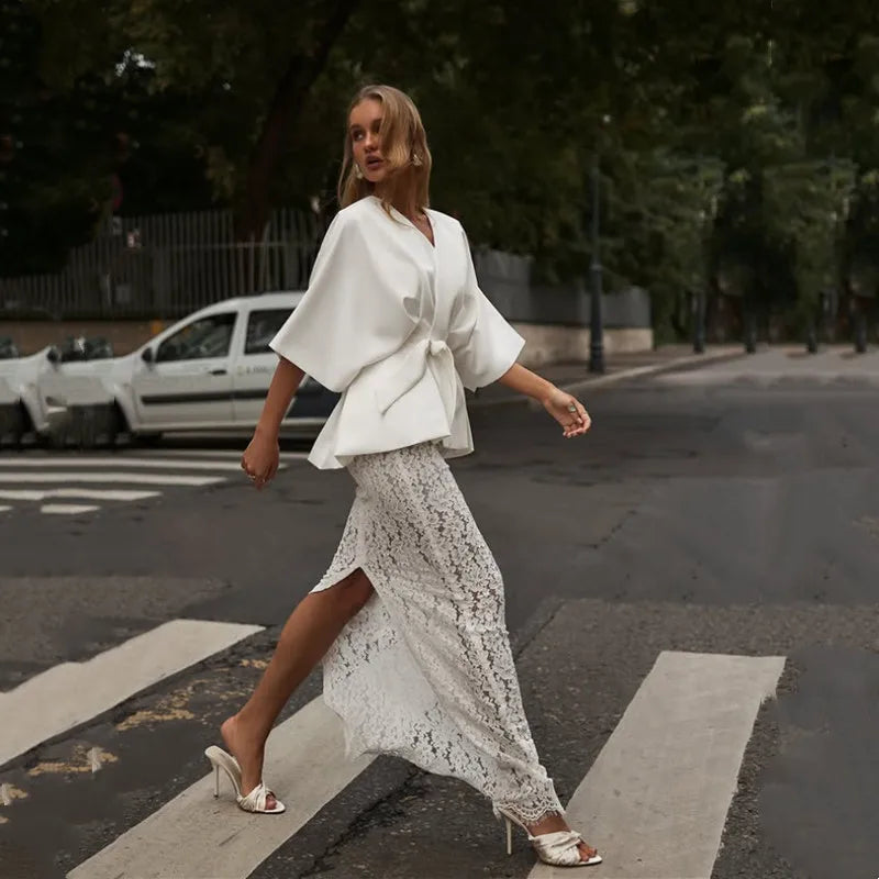 Women's Elegant 2 Piece Outfits White Batwing Sleeve Peplum Top Back Slit Lace Maxi Skirt Suit Wedding Guest Cocktail Party Wear