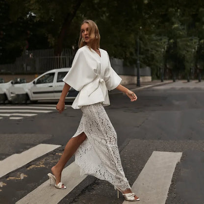 Women's Elegant 2 Piece Outfits White Batwing Sleeve Peplum Top Back Slit Lace Maxi Skirt Suit Wedding Guest Cocktail Party Wear
