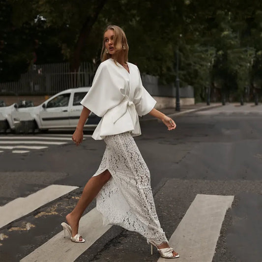 Women's Elegant 2 Piece Outfits White Batwing Sleeve Peplum Top Back Slit Lace Maxi Skirt Suit Wedding Guest Cocktail Party Wear