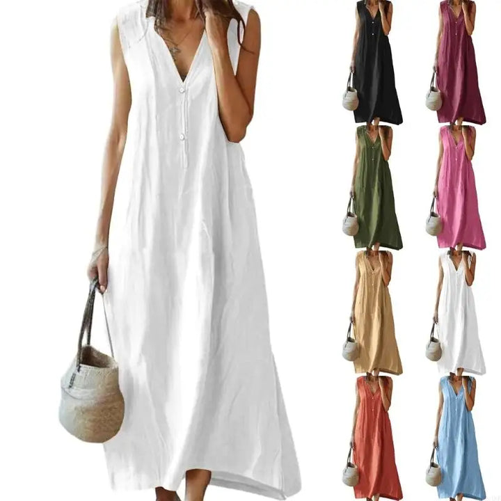 Y3NE Womens Cotton Linen Dress Casual V-Neck Sleeveless Spring Maxi Dresses Beach Dresses Vacation Outfits