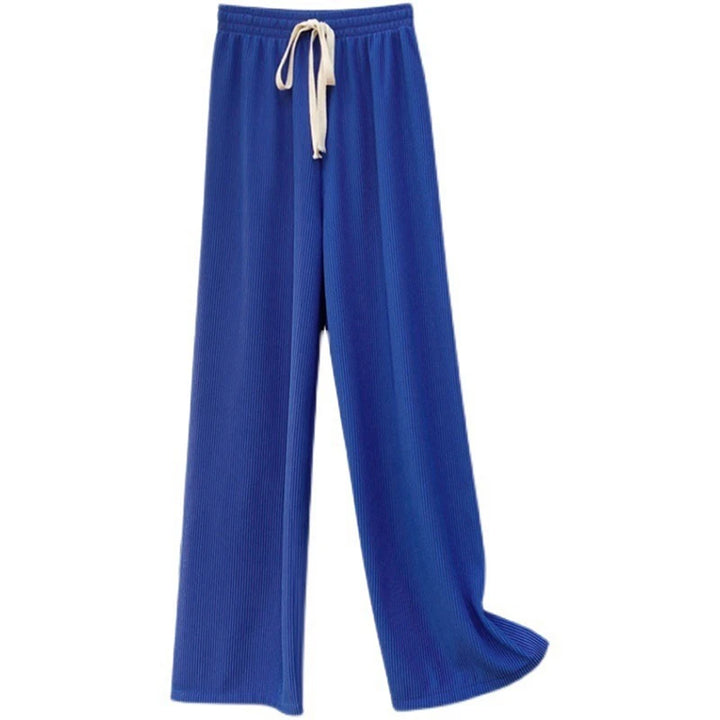 Women High Stretch Waist Wide Leg Pants Summer Drawstring Loose Long Rib Knitted Trousers