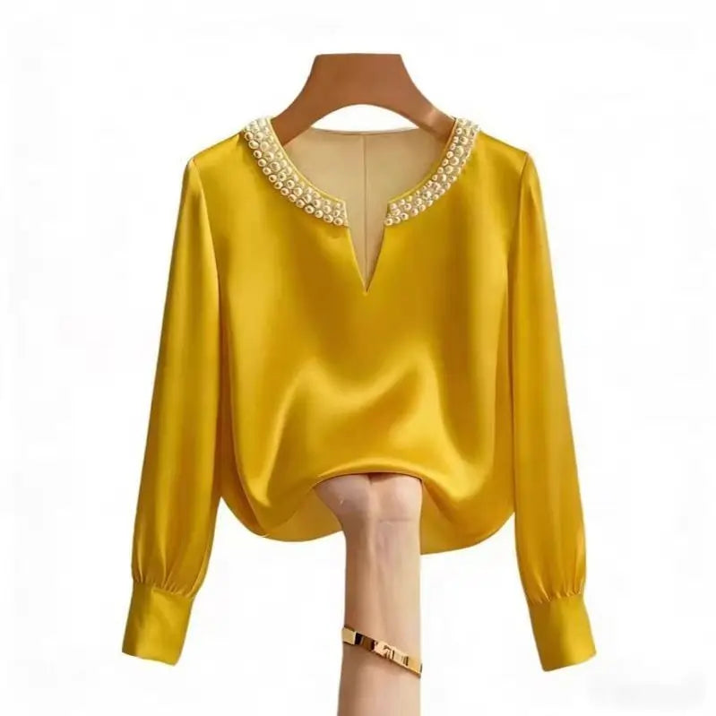 Pearl V-neck Silk Satin Top Women Luxury Elegant Long Sleeve T Shirt Commuter Loose Casual Basic Tees Chic Work Wear