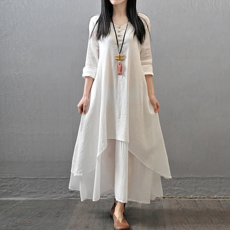 Spring Autumn Women Maxi Dresses Casual Full Sleeve Bohe Cotton Women&
