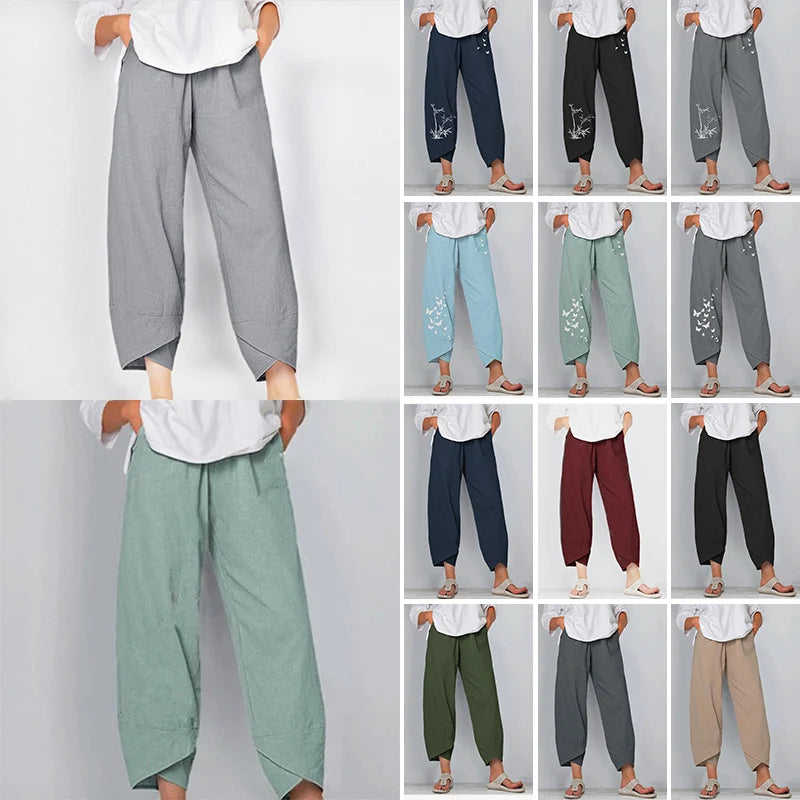 Women Summer Cotton Linen Pants Casual Baggy Harem Pants  Solid Color Elastic Waist Wide Leg Pants Female Loose Trousers  S-5XL