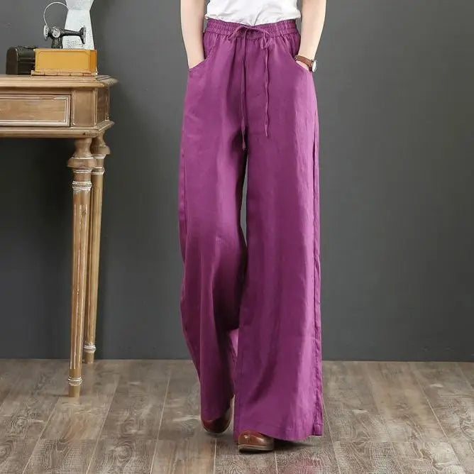 Women Wide Leg Pants Solid Loose Length Pants Cotton Linen Elastic Waist Casual Pants Vintage Mid Waist Pants 5XL