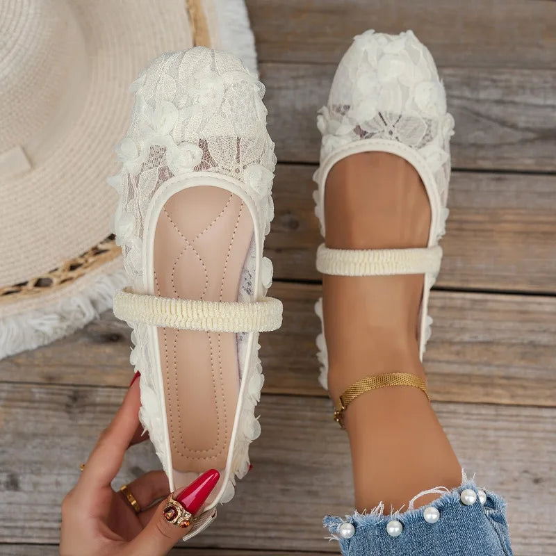 French-style Net Flower Mary Jane Flat Shoes for Women Sweet Square-toe Ballet-inspired Single Shoes Woman Summer Fairy Sandals