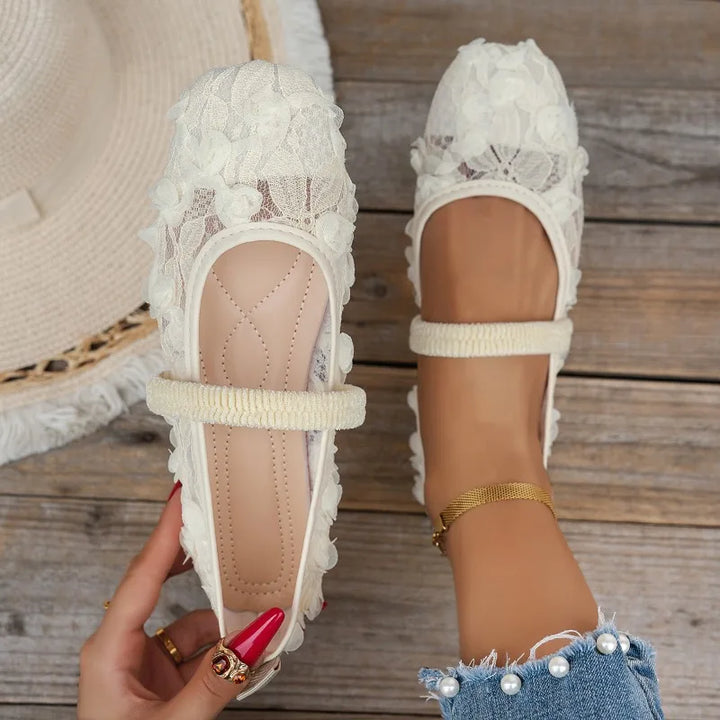 French-style Net Flower Mary Jane Flat Shoes for Women Sweet Square-toe Ballet-inspired Single Shoes Woman Summer Fairy Sandals