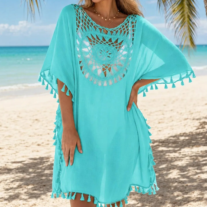 Women Crochet Tassel Beach Cover Up Hollow Out Batwing Sleeve Swim Cover Dress Boho Bikini Swimsuit Cover Up for Vacation
