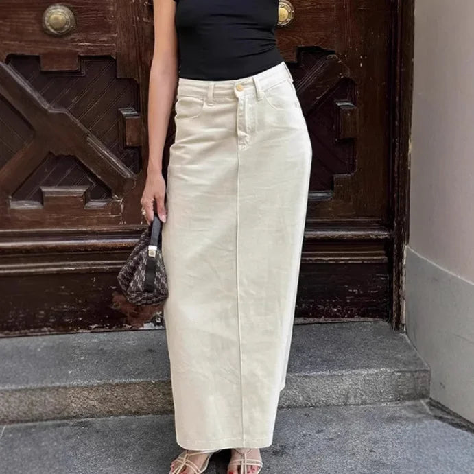 Beige Straight Denim Skirt High Waist Utility Style Side Slit A-Line Mid Length French Vintage Skirt for Women Fall 2025