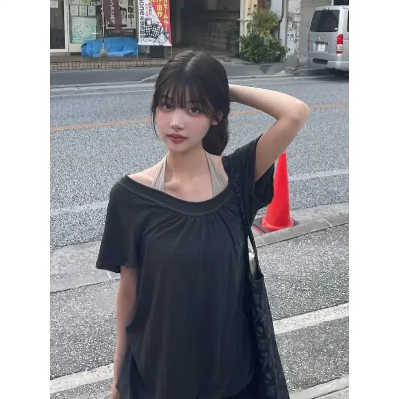 Women Off-Shoulder Short Sleeve T-shirt Loose Casual Y2K Style Summer Top