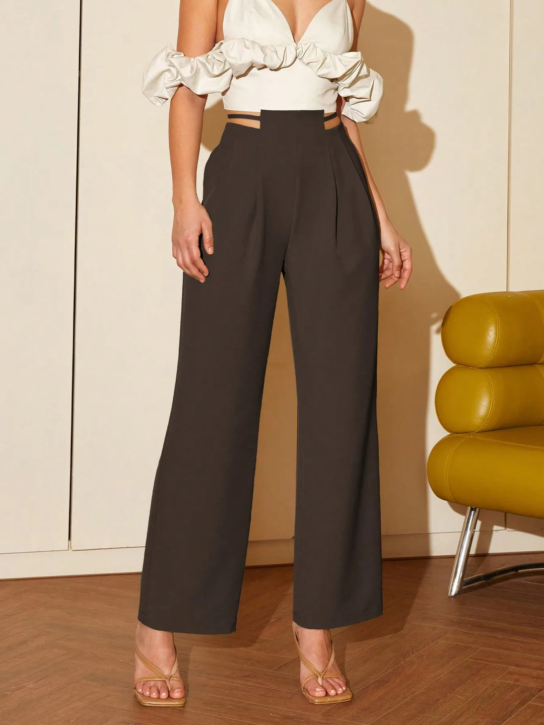 AEL Summer ladies straight leg trousers plain color simple commuting high waist slim wide leg trousers