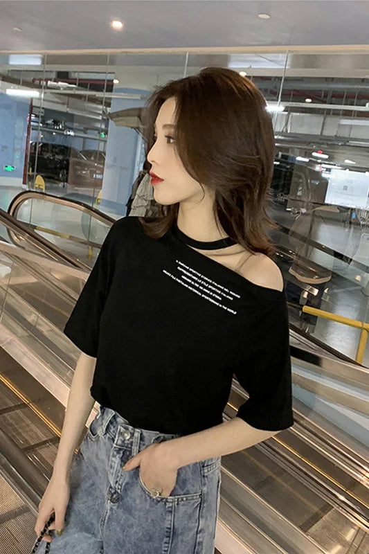 Off-the-shoulder T-shirt Women Short Sleeve 2025 Summer New Korean Version Loose Off-shoulder Short Sleeve Top