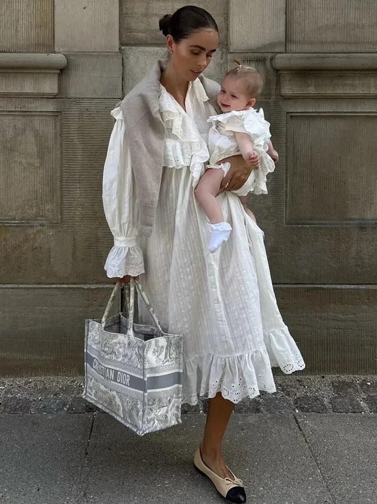 Gypsylady Elegant Chic Lace Maxi Dress White Cotton Autumn Spring Long Sleeve Women Dresses Loose Hollow Out Holiday Vestidos