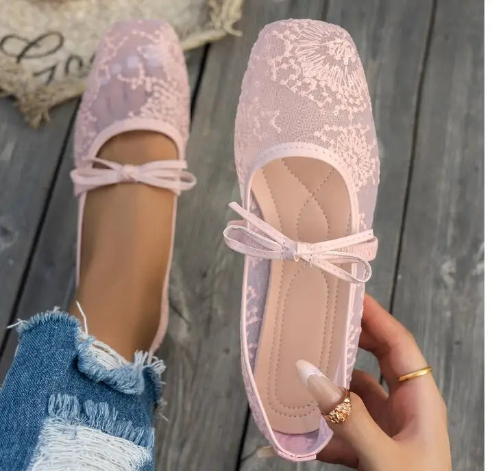 French-style Net Flower Mary Jane Flat Shoes for Women Sweet Square-toe Ballet-inspired Single Shoes Woman Summer Fairy Sandals