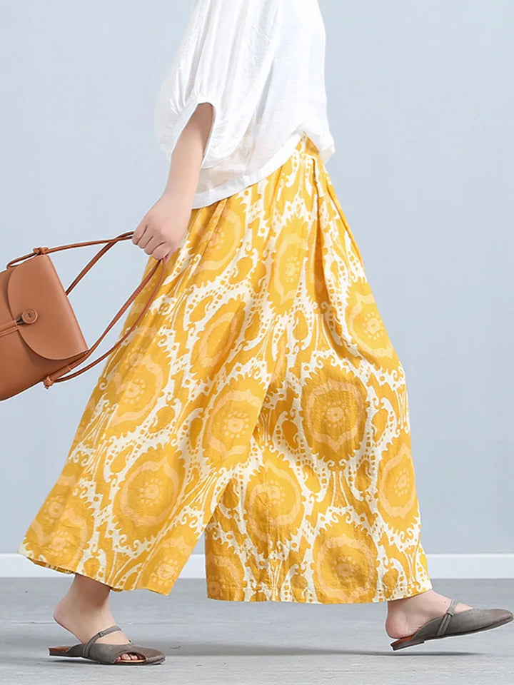 Printed Loose Linen Wide-Leg Pants for Women, Cropped Pants with Elastic Waist, Casual Versatile Skirt Pants, Yellow