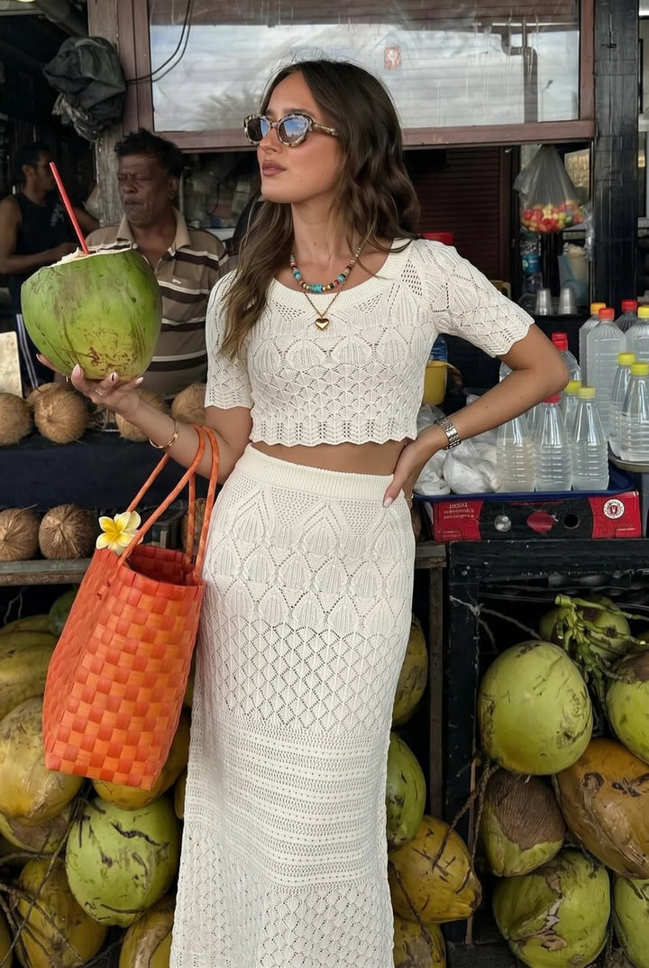 2026 Crochet Knit 2 Piece Set  for Women, Off Shoulder  Crop Top + Hollow Out  Maxi Skirt Beachwear