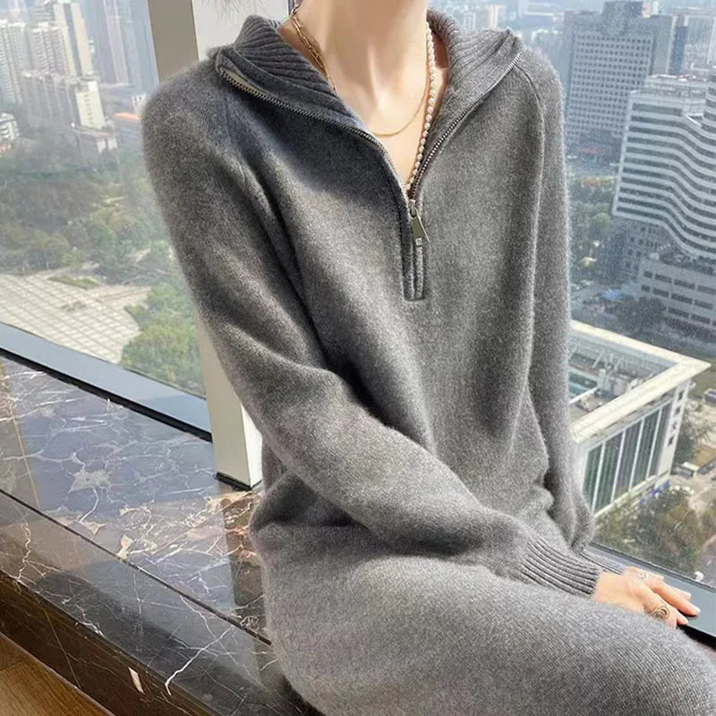 Autumn And Winter New Wool Dress Feminine Long-Sleeved Loose POLO Neck Dress