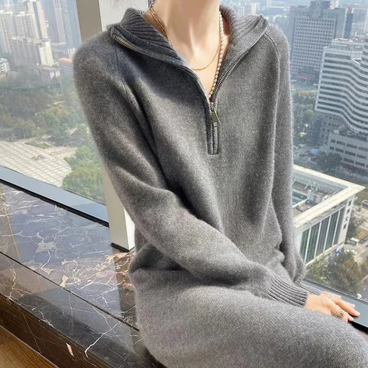 Autumn And Winter New Wool Dress Feminine Long-Sleeved Loose POLO Neck Dress