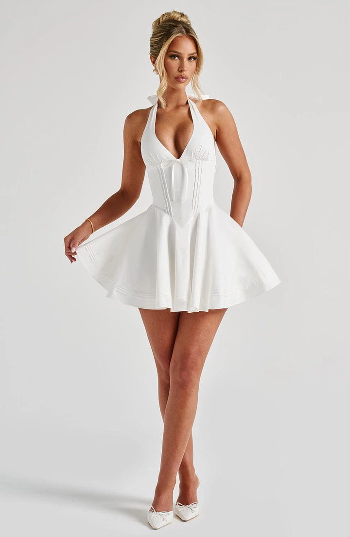 White Halter Women Mini Dress Deep V Neck Front Bow Corset Waist Flared A Line Dresses Wedding Rehearsal Cocktail Party Outfit