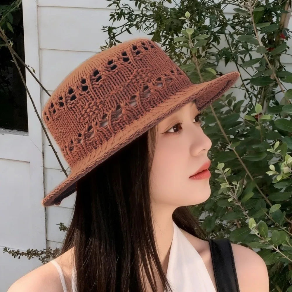 Wide Brim Breathable Straw Hat Lightweight Casual Knitted Flat Top Hat Eco-friendly Versatile Style Hollow Out Hat Summer Beach