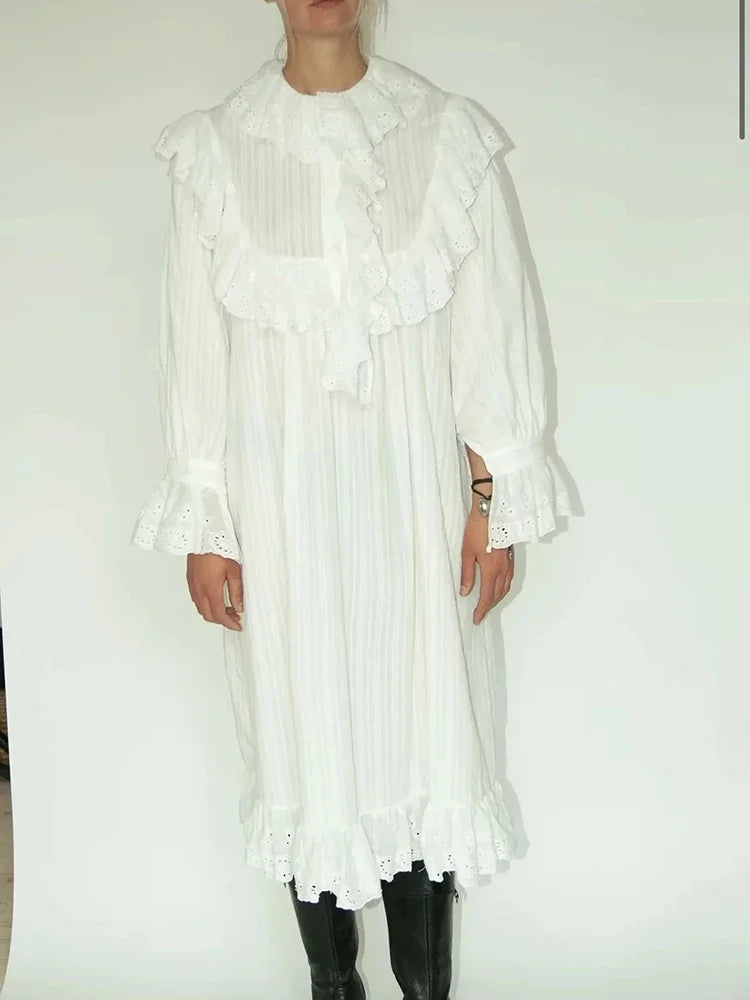 Gypsylady Elegant Chic Lace Maxi Dress White Cotton Autumn Spring Long Sleeve Women Dresses Loose Hollow Out Holiday Vestidos
