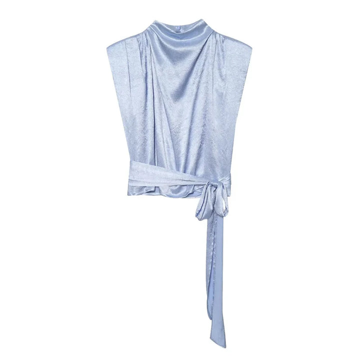 Satin Shawl Collar Sleeveless Crop Top, Women&