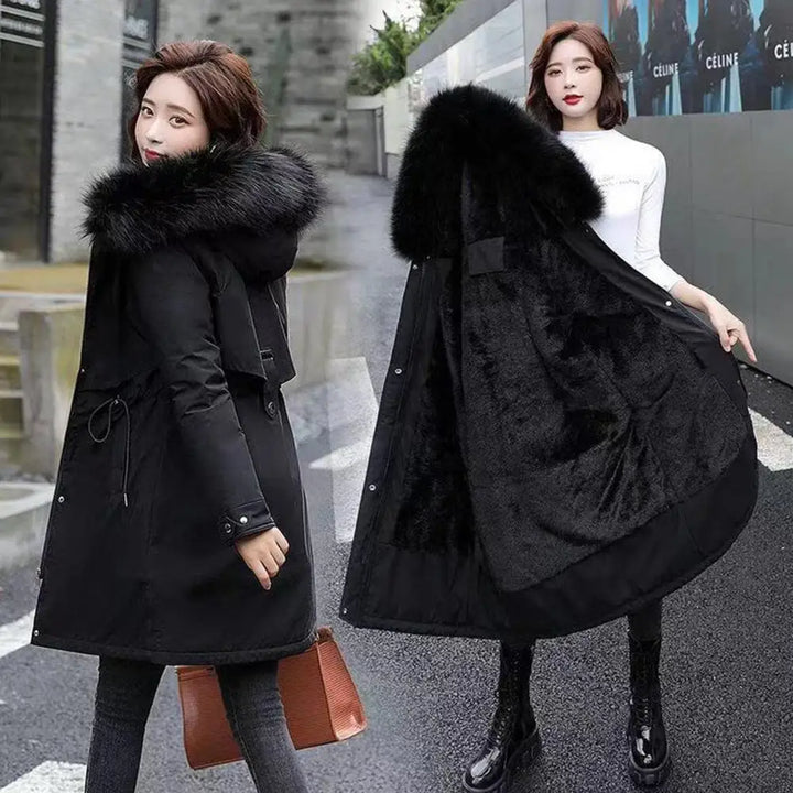 Winter Women Jacket Furry Hood Cotton Jacket Plus Size Zipper And Button Closure Plush Lining Cotton Coat Windproof Warm Coat