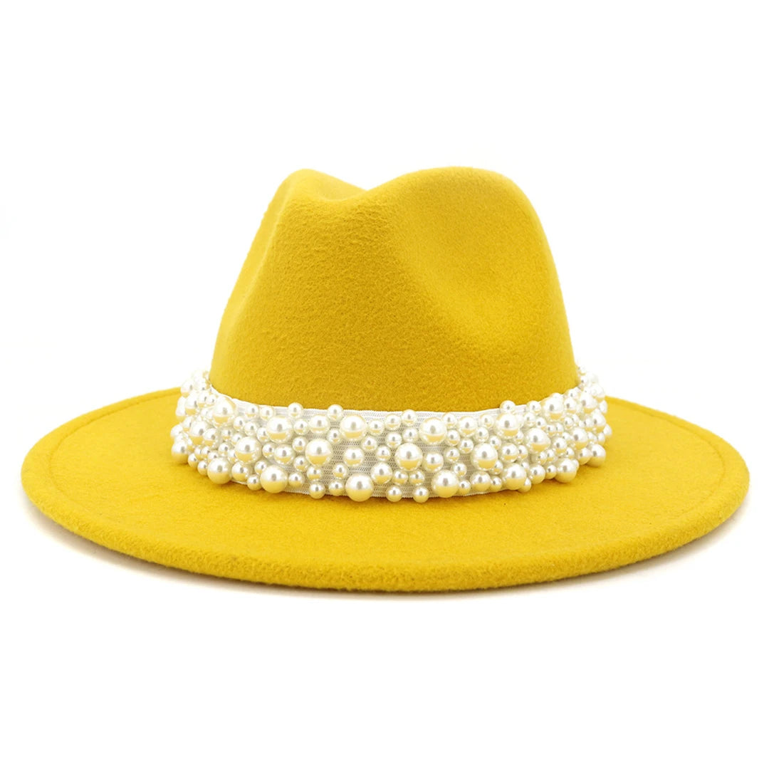 Fedora Hats for Women Wool Felt Panama Hat with Pearl Band Wide Brim Felt Hat Classic Trilby Jazz Hat Church Hats Women Elegant