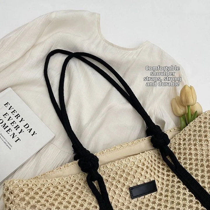 Handmade Straw Woven Bags Large Capacity Zipper Closure Beach Handbags Top-Handle Solid Color Women&